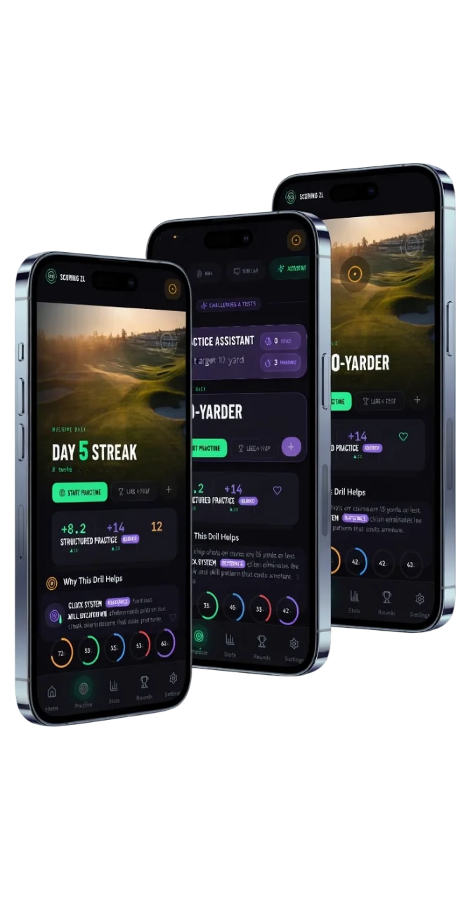 Three phones showing different Scoring Zone app views — home screen, drill challenges, and practice assistant